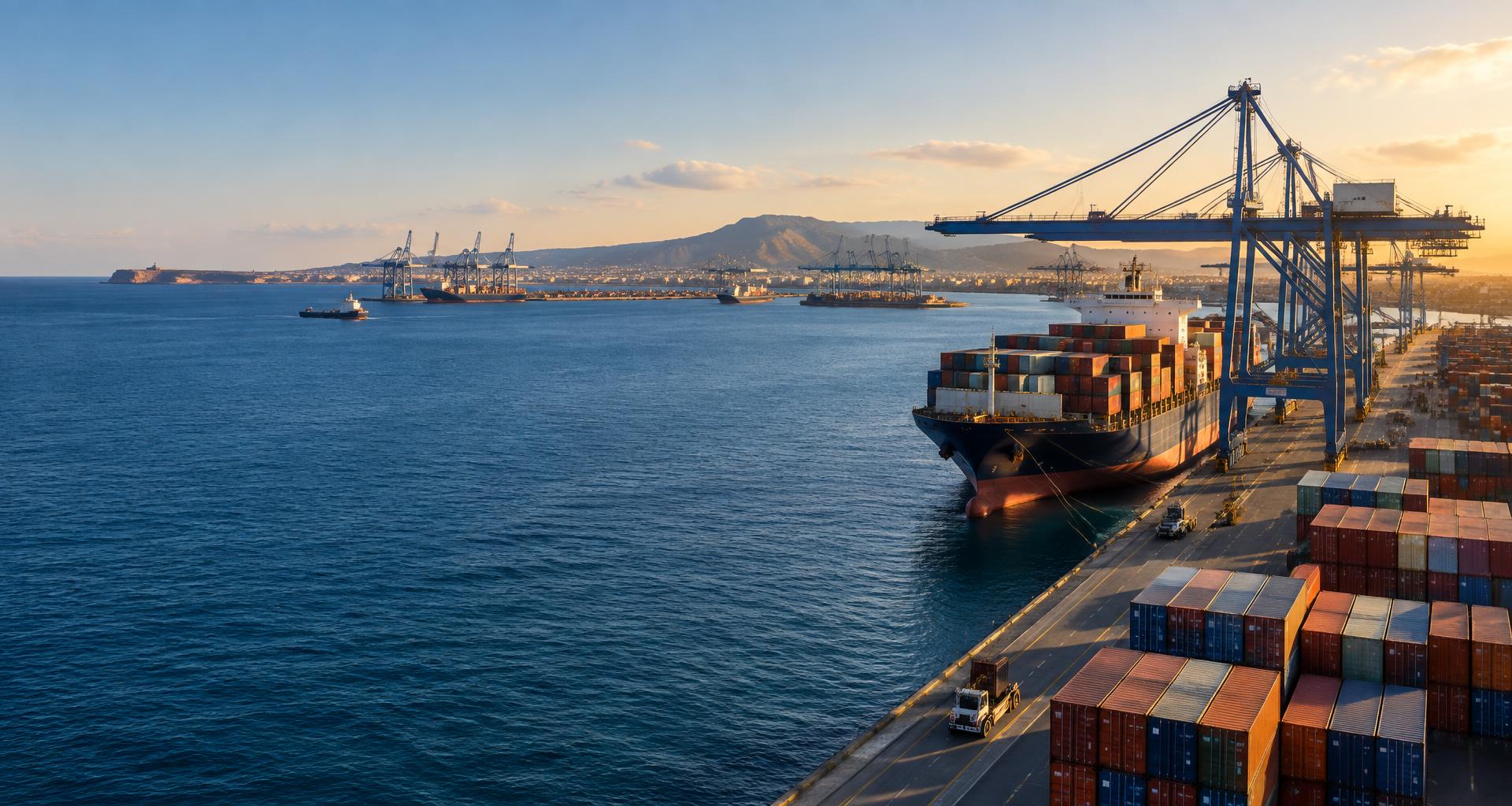 Navire porte-conteneurs et terminal portuaire en Méditerranée